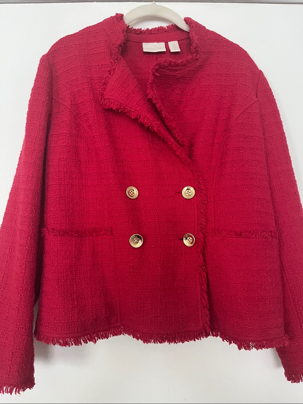 Chico's Red Tweed Double-Breasted Blazer with Gold Buttons